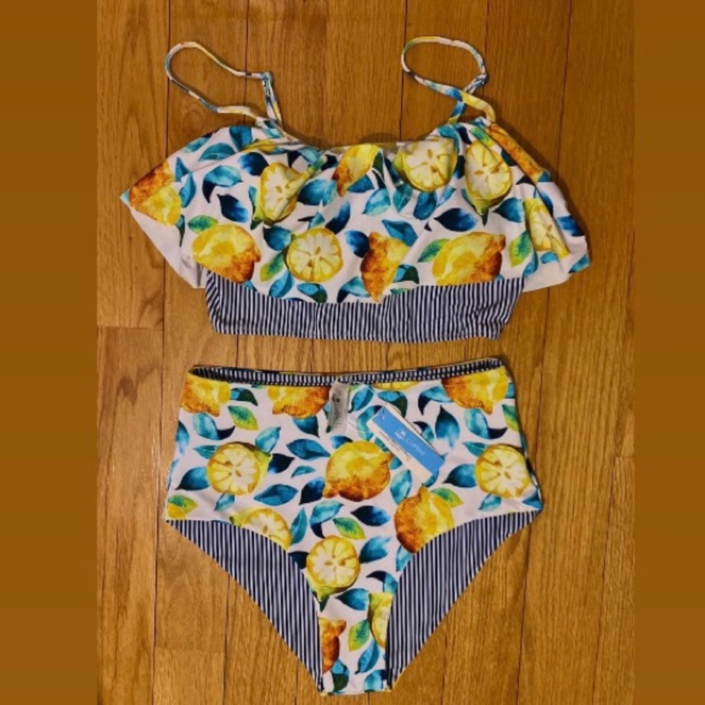 Cupshe Lemon/Stripe Reversible Bikini Set